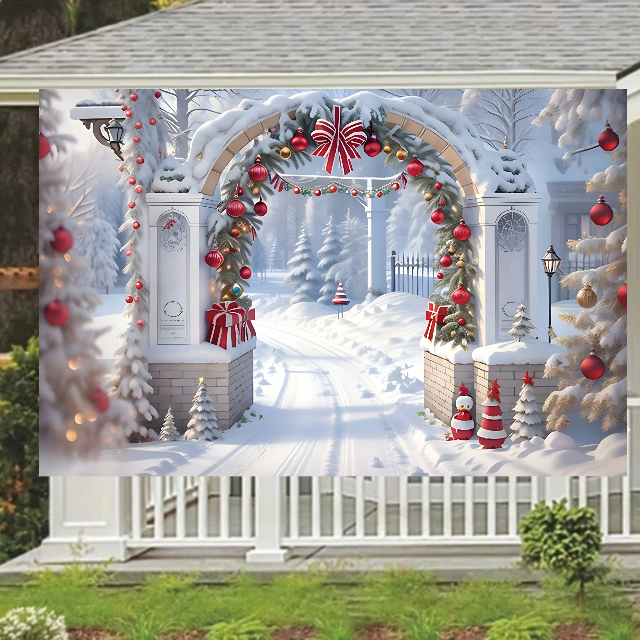 Winter Wonderland Christmas Background Cloth | Rural Arches and Snowy Trees for Party Decoration Photos