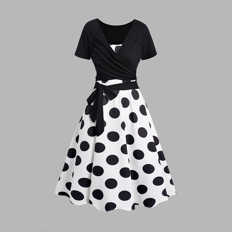 DRESSFO Women's Dress Polka Dots Print Sleeveless A Line Midi Dress And Crossover Bowknot Tied Plain Cropped Top Set