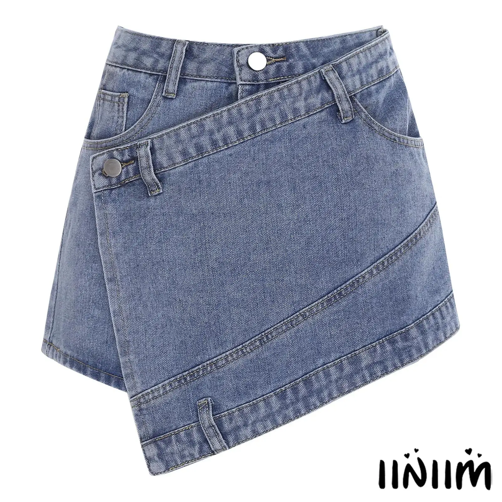 Casual Denim Culottes for Women High Waist Shorts with Front Irregular Overlay Stylish Skorts for Office And Weekend Wear