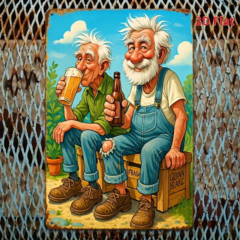2D Flat, Vintage Tin Sign - Funny Elderly Men Drinking Beer Metal Wall Art - Retro Bar Decor, Garage, for Man Cave Iron Sign
