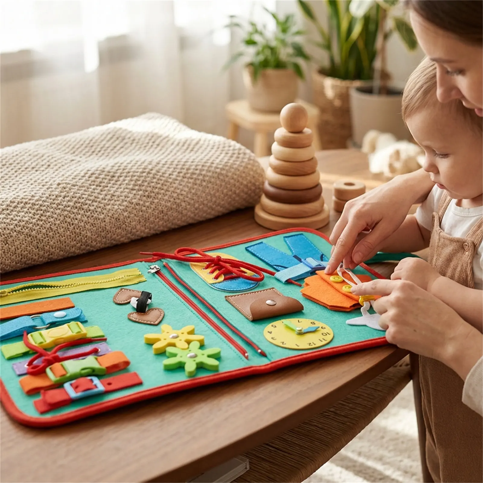 

Развивающая игрушка-бизиборд из фетра для малышей с молниями, кнопками и завязками для раннего развития ребенка