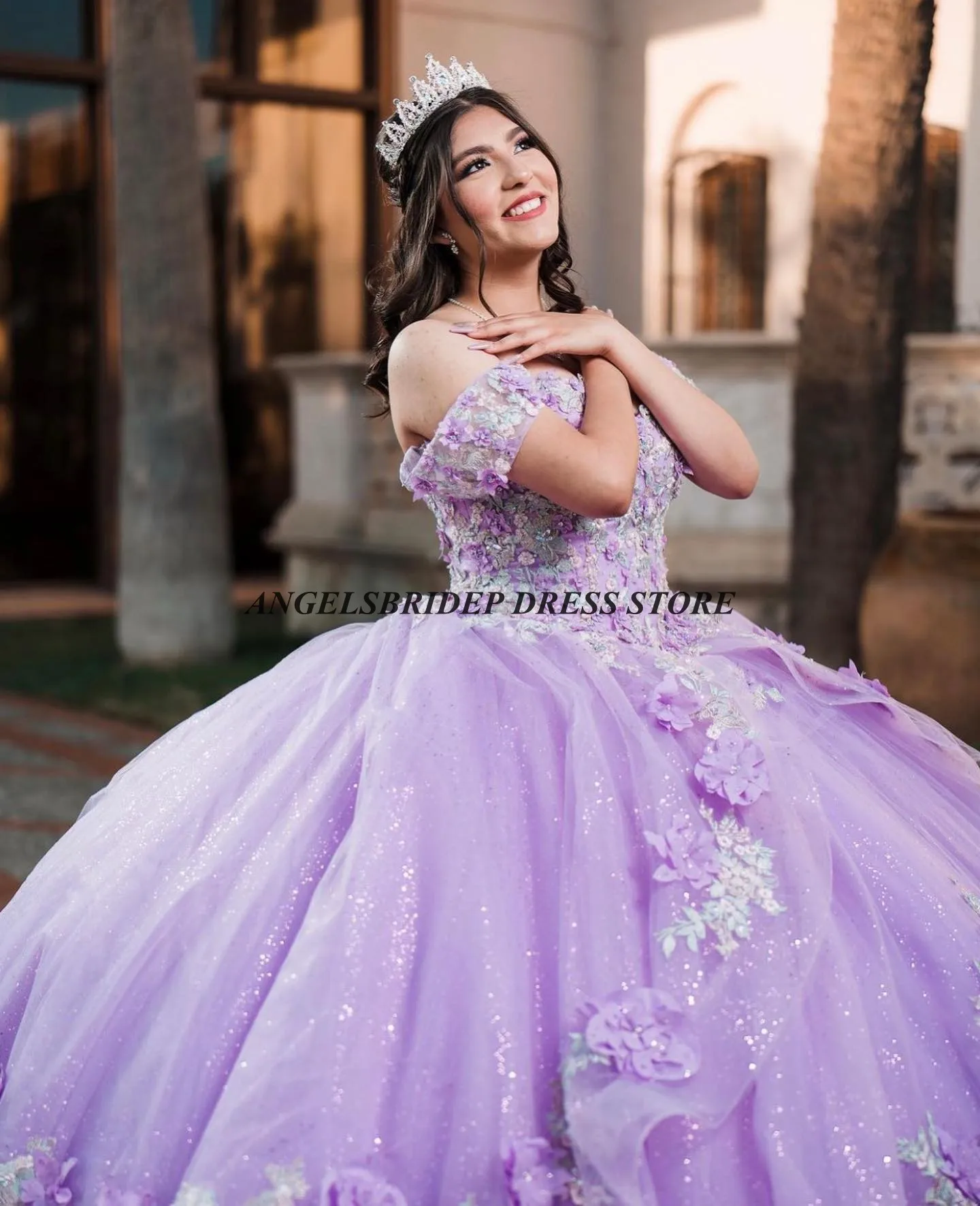 ANGELSBRIDEP-Vestido de tule feminino, vestido lilás quinceanera, vestido de festa mexicano, floral inchado, tule de glitter, 16 anos, 16 anos, 2024 anos