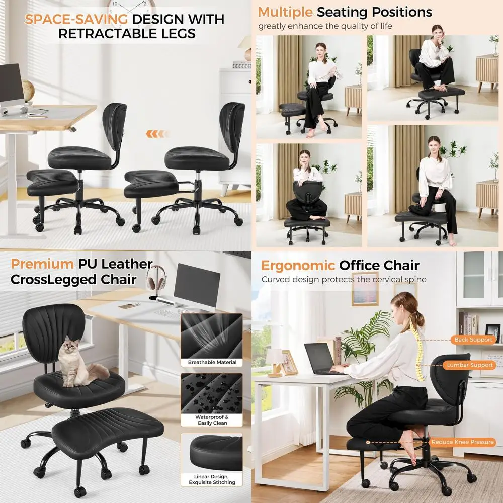 

Эргономичное вращающееся кресло на перекрестной ноге с колесиками, сиденье для медитации с регулируемой высотой для йоги и снятия СДВГ, черный