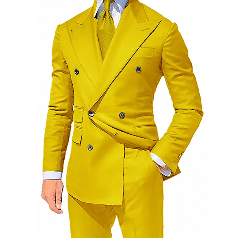 2023 uomo giallo doppio petto Slim Fit Set popolare Polo personalizzato due pezzi matrimonio sposo smoking giacca moda uomo con pantalone