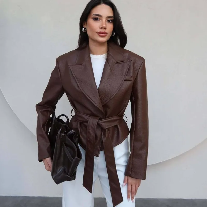 เสื้อแจ็คเก็ตหนังผู้หญิงสไตล์วินเทจ Talenza พร้อมเข็มขัด ดีไซน์ผูกเชือก ปกเสื้อแบบลาペル แขนยาว ทรงสั้น รุ่นปี 2025 เสื้อคลุมสำหรับผู้หญิง สไตล์ Y2k แฟชั่นแนวสตรีท