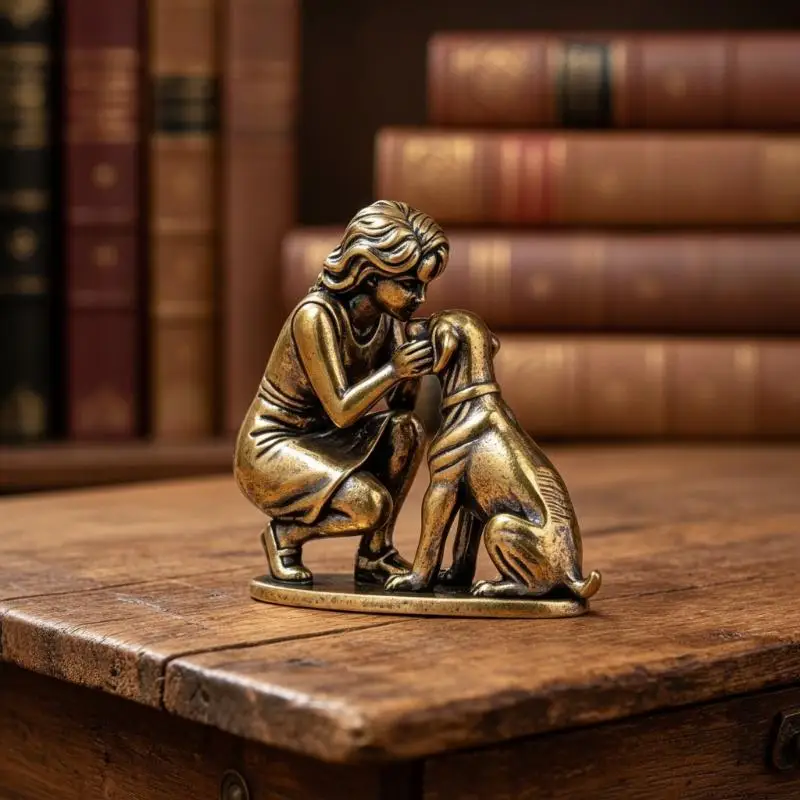 Vintage-Messingstatue von Mädchen und Hund, handgefertigt, fein geschnitzt, antik veredelt, Dekoration für Kinderzimmer, Wohnkultur, Geschenk für Feiertage. – Detail 15