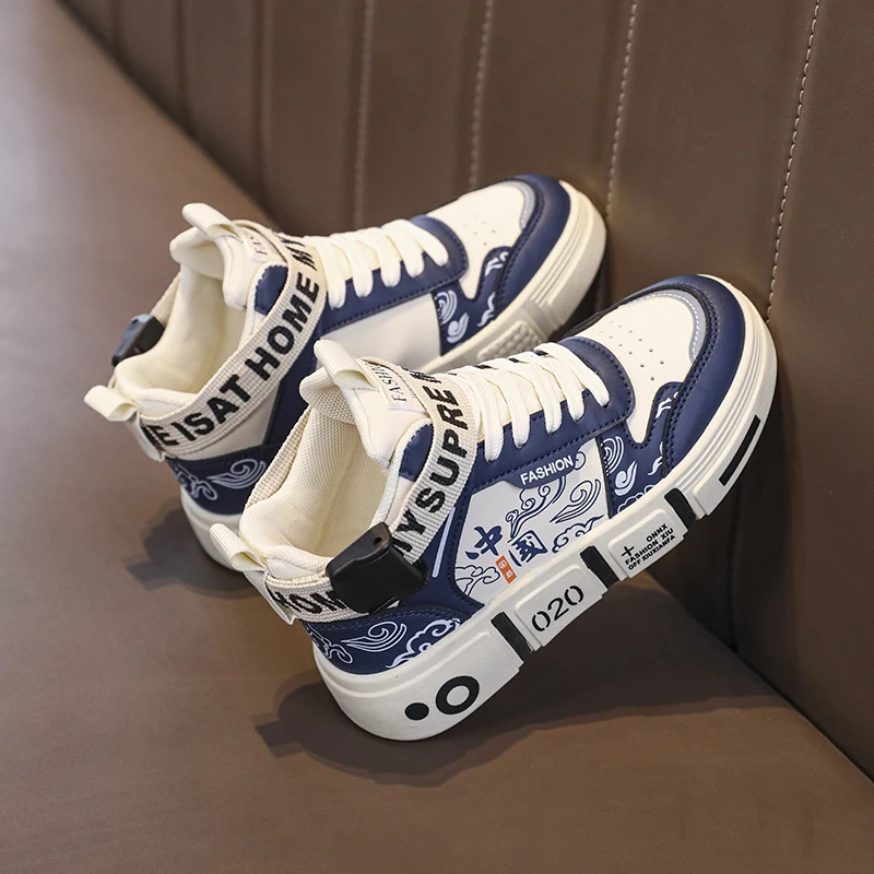 Family shoes 2024 new primary school children high top board shoes boys leather casual anti-slip wear-resistant sports shoes