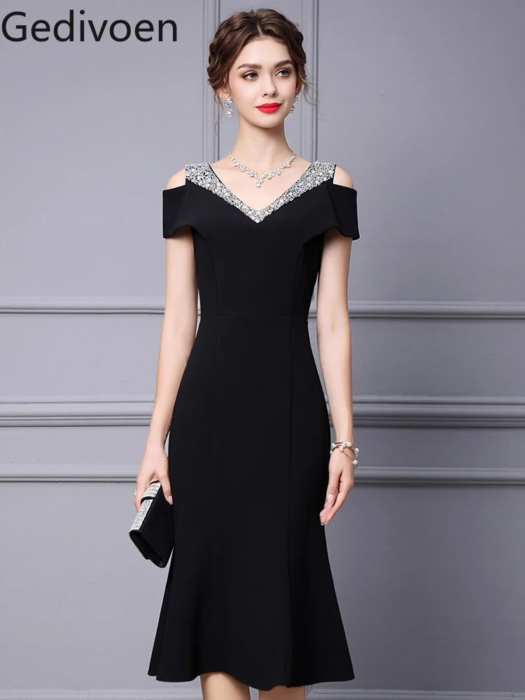 

Gedivoen Fashion Designer Summer Women's Dresses V-Neck Embroidered Flares Solid Office Lady Empire Trumpet Dress