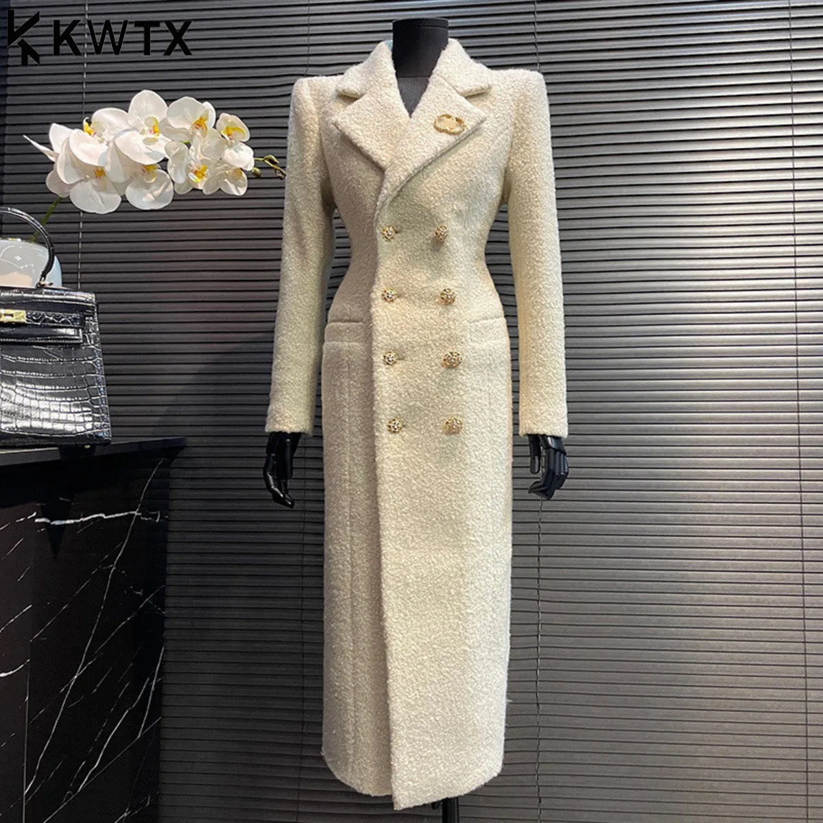 

KWTX женское бежевое двубортное шерстяное пальто из 100% чистой шерсти с лацканами и поясом с карманами винтажный шикарный элегантный повседневный зимний новый дизайн