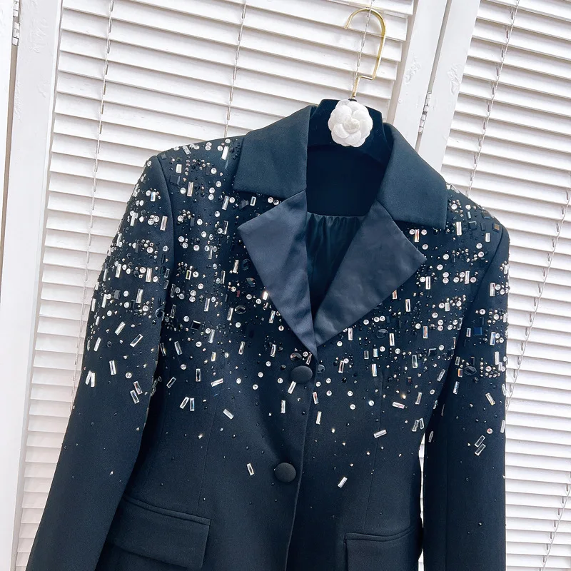 Fashion Cool Black Blazer New Heavy Industry Handmade Gorgeous Beaded Colored Diamond Slim Fit Suit Jacket French Jacket Women