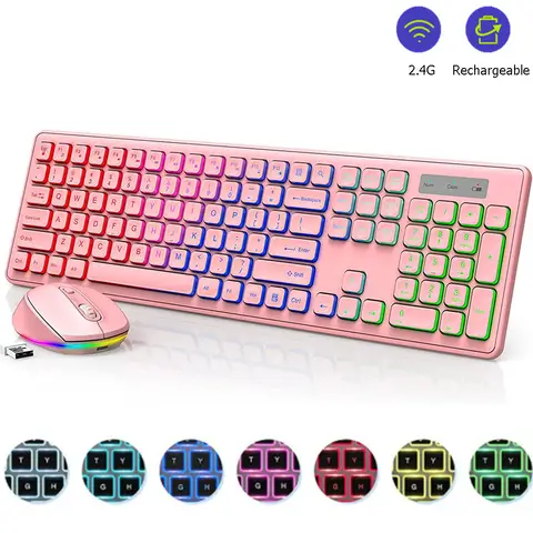 Teclado e Mouse sem fio com RGB Backlit Recarregável Full Size Teclado Sem Fio Mouse Combo para Laptop PC Chromebook