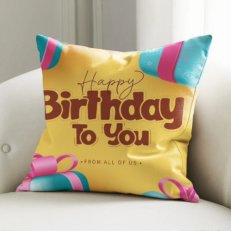

Happy Birthday Gift Pillow Cover, Festive Yellow Print Cushion Case, Party Sofa Bedroom Decor Accent Pillow