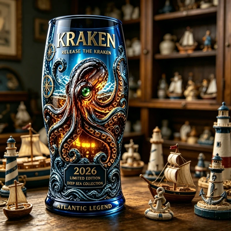 Kraken Atlantic Legend 2026 Limited Edition Glass Tumbler, Blue Deep Sea Octopus Print Bar Cup for Collectors & Bar Lovers