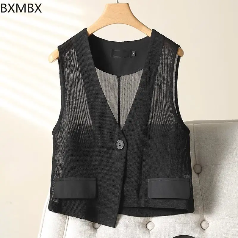 Premium flocking thin mesh vest short2025 summer tide  asymmetrical vest vest air-conditioned shirt for women