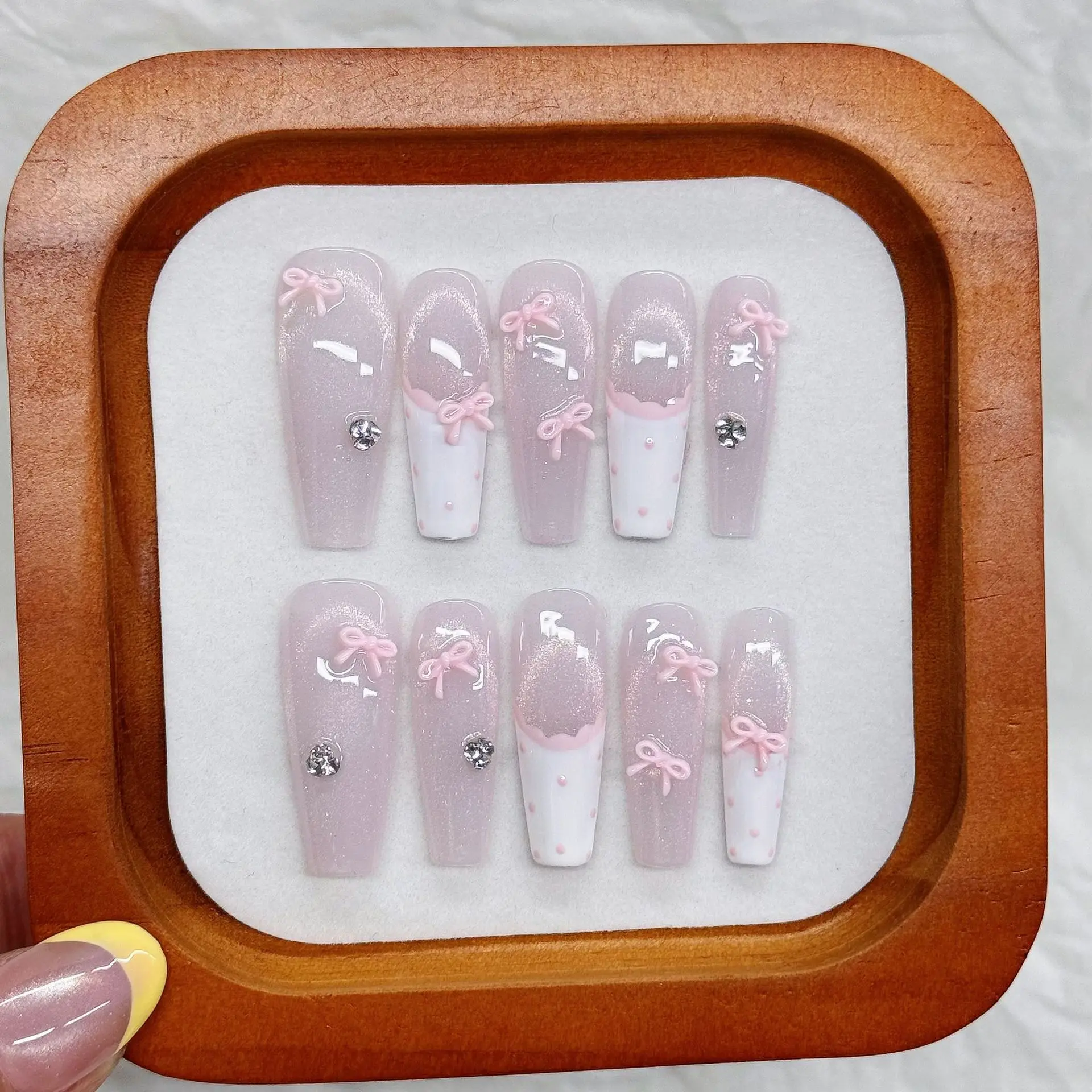 

10 шт., длинные балетные накладные ногти ручной работы, сладкий розовый бант, накладные ногти, носимые съемные блестящие французские накладные ногти «кошачий глаз»