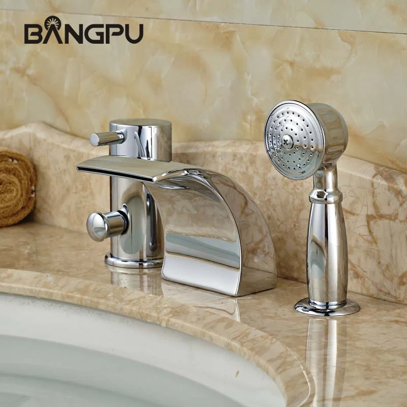 

Deck Mount Bath Tub Faucet with Handheld Shower Roman Waterfall Tub Faucet Set 3 Hole Bathtub Faucet Set with Hand Shower Chrome
