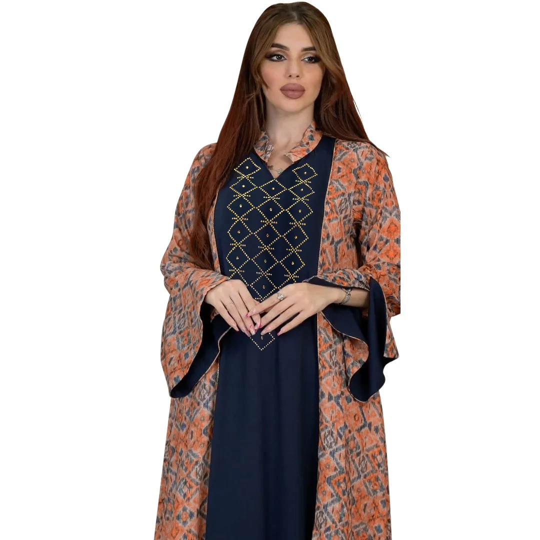 Nation Robe Fashion Muslim Dress Women Printing Diamond Casual Arabian Dubai Abaya Party Holiday Long Sleeve Daily Dress Vestido