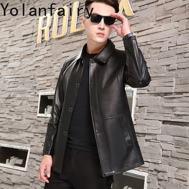 YOLANFAIRY جديد جلد الغنم الحقيقي رجل سترات من الجلد جلد طبيعي خندق معطف منتصف طول ربيع الخريف البني الرجال سترة جلدية #5