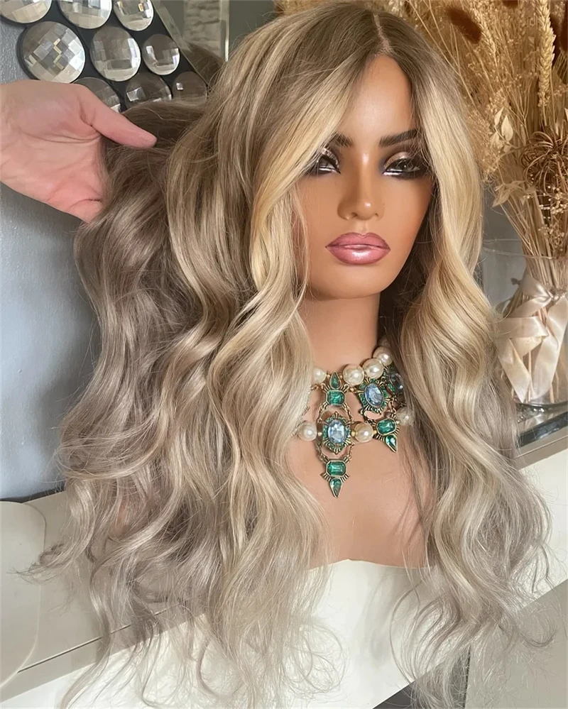 13x4 Ombre Ash Blonde Brown Blonde Synthetic HD Lace Front Wig with Roots Glueless Luxury Women's Wig Realistic Lace Front Wig