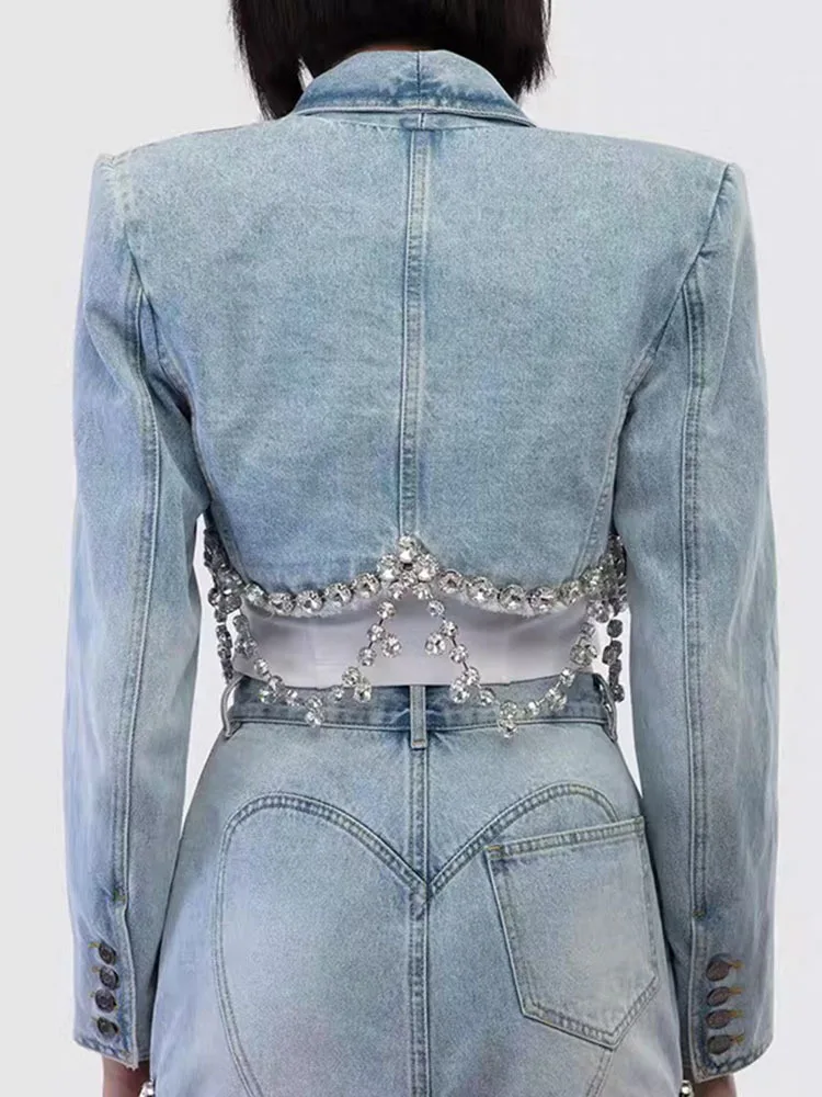 DEAT Vintage Fashion Women\'s Diamonds Chain Long Sleeves Denim Coat Pockets High Waist Wrap Hip Skirt Female 2024 Spring 33A647