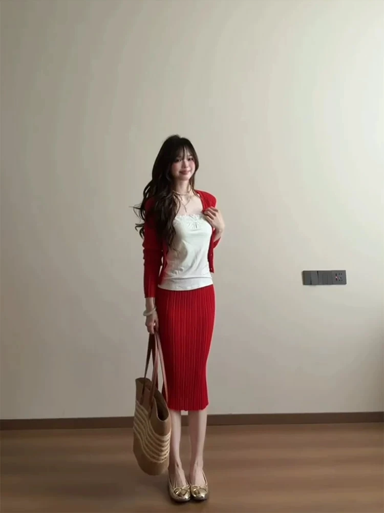 

XZY plus Size Lace Trim Knitted Cardigan Women's Summer Set High Waist Midi Skirt Long Sleeve Fashion Ensemble for Young Women