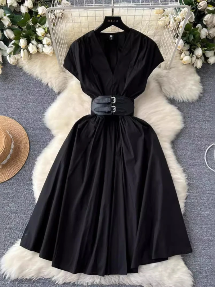 Women Elegant Party Dress Summer Sleeveless Slim V-neck Vintage Dresses Ladies A-line High Waisted with Belt Midi Robe Vestidos