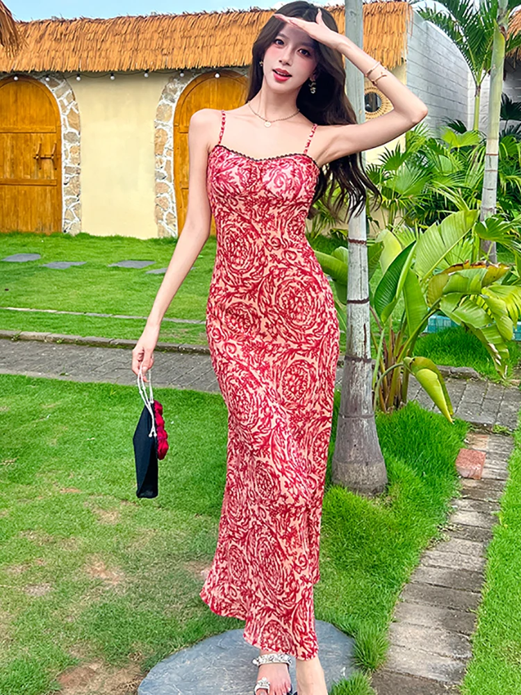 Damska Czerwona Sukienka Bodycon w Kwiaty, Elegancka Sukienka na Ramiączkach, Seksowna Długa Sukienka 2025 Koreański Vintage Luksusowa Sukienka na Bal Maturalny Letnia Elegancka Sukienka na Imprezę i Wydarzenia
