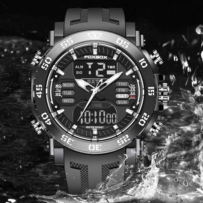 FOXBOX Top Luxury Men\'s Quartz Watches Waterproof Men Military Sport Watch Dual Display Luminous Wristwatch Relogios Masculino