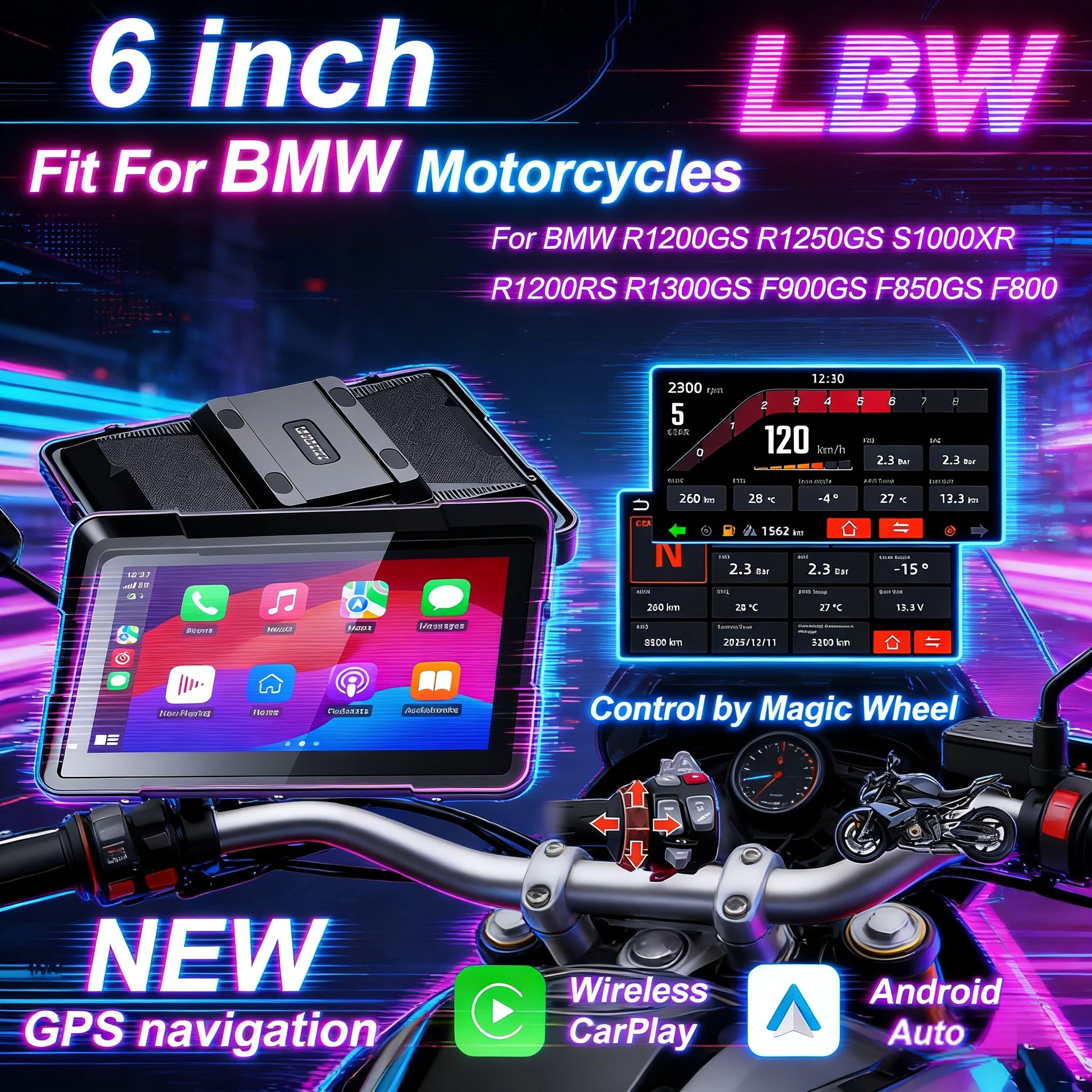 

LBW 6 inch Navigation Dashboard GPS Motorcycle CarPlay Android Auto Portable Display Fit For BMW R1200GS R1250GS F800 F900
