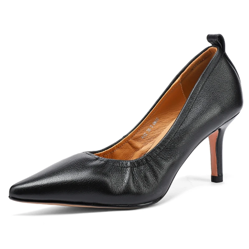 Genuine Leather Black High Heel Women's Pumps Dress Shoes Fashion Point toe Party Office Wedding Shoes Lady Classic Designer