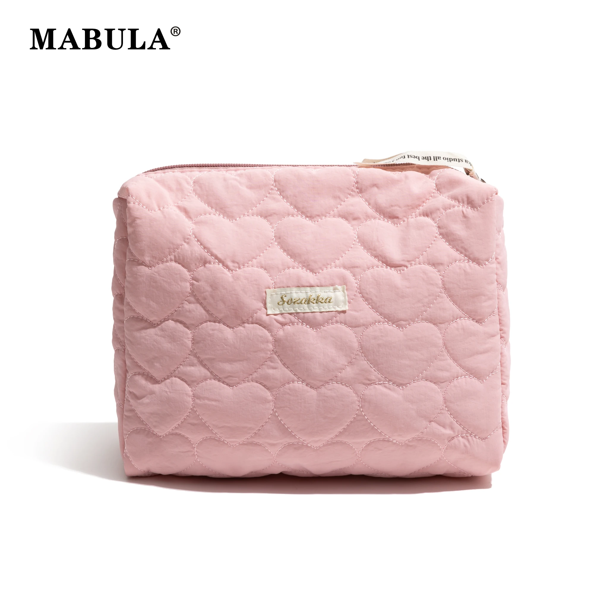 MABULA Nylon Heart Padded Down Quilted Makeup Bag Women's Lightweight Portable Outdoor Clutch Bag Cute Travel Wash Storage Pouch