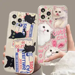 Cute Stamp Label Pink Cat Case for Samsung Galaxy S24 Ultra S23 Plus S22 S21 S20 FE A55 A35 A54 A52 A52S M54 5G Soft Clear Cover
