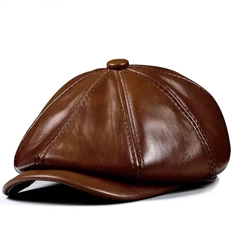 New 2024 Genuine Leather Hat Cap Cowhide Beret Warm Cotton Men Padding Brand Brown/Black Duck Hat