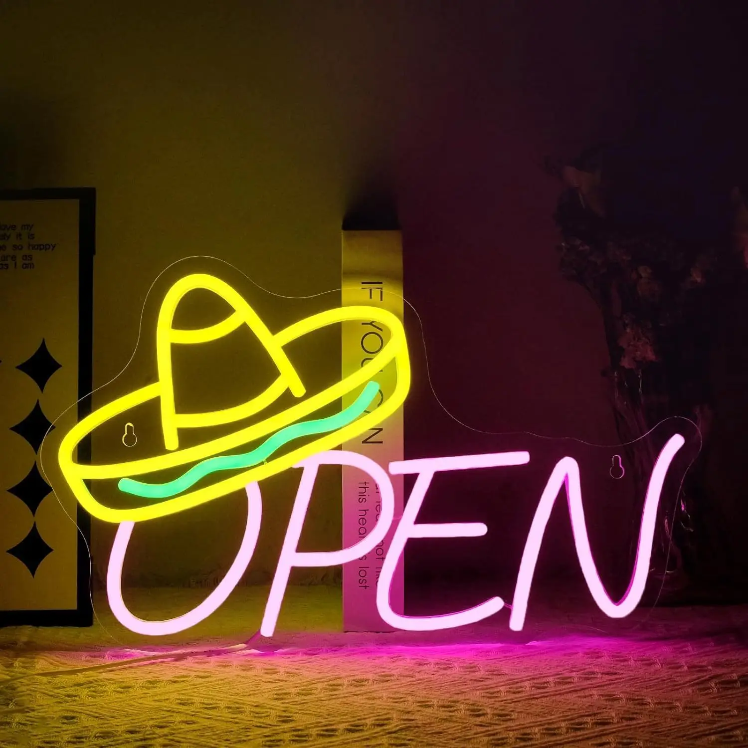 Open Sombrero Hat LED Neon Sign Mexican Restaurant Business Storefront Window Display USB Powered Attracting Customers Decor