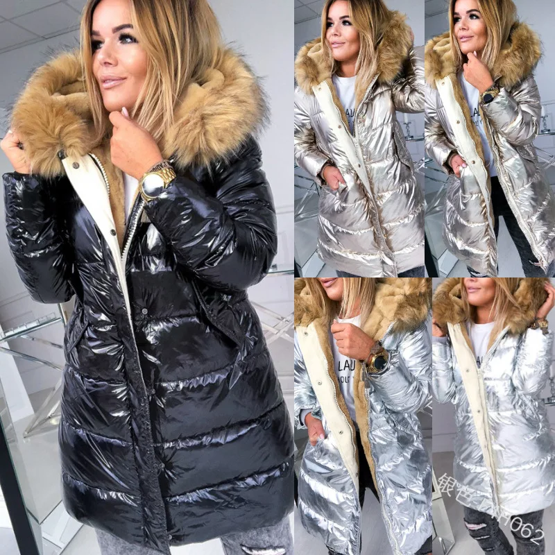 Casual Keep Warm Parkas Outwear Women Solid Color Glossy Zipper Fur Collar Overcoats Jackets Coat Outwear Parkas Coats