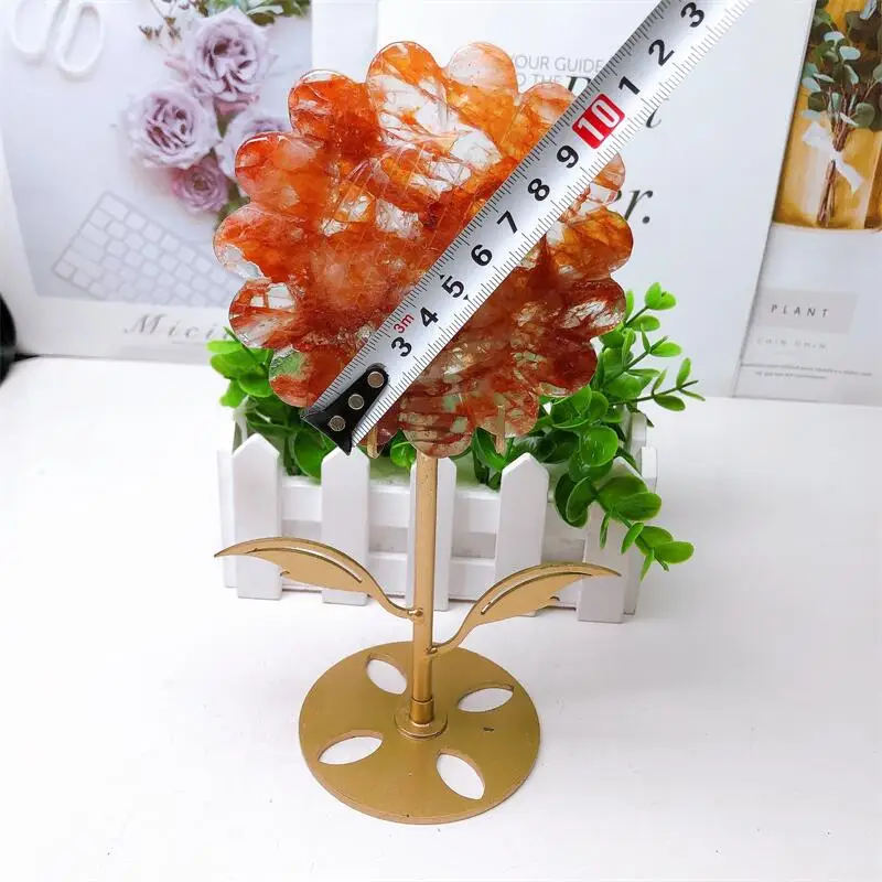 Natural Red Fire Quartz Hematoid Sunflower Carving Healing Stone Energy Gemstone Cute Home Decoration Gift 1PCS