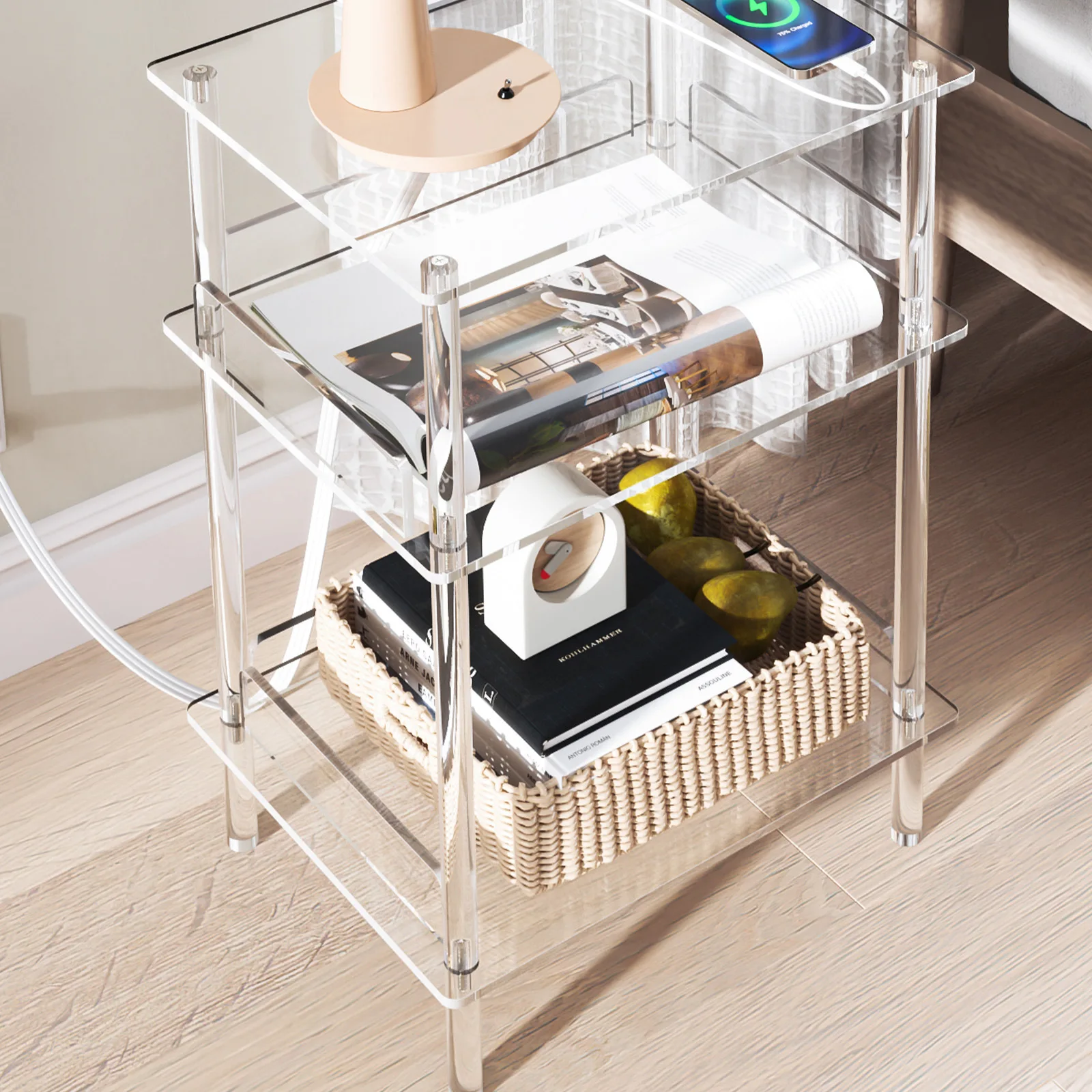 

Amazon acrylic three-layer bedside table with socket bedroom very narrow square table simple transparent shelf
