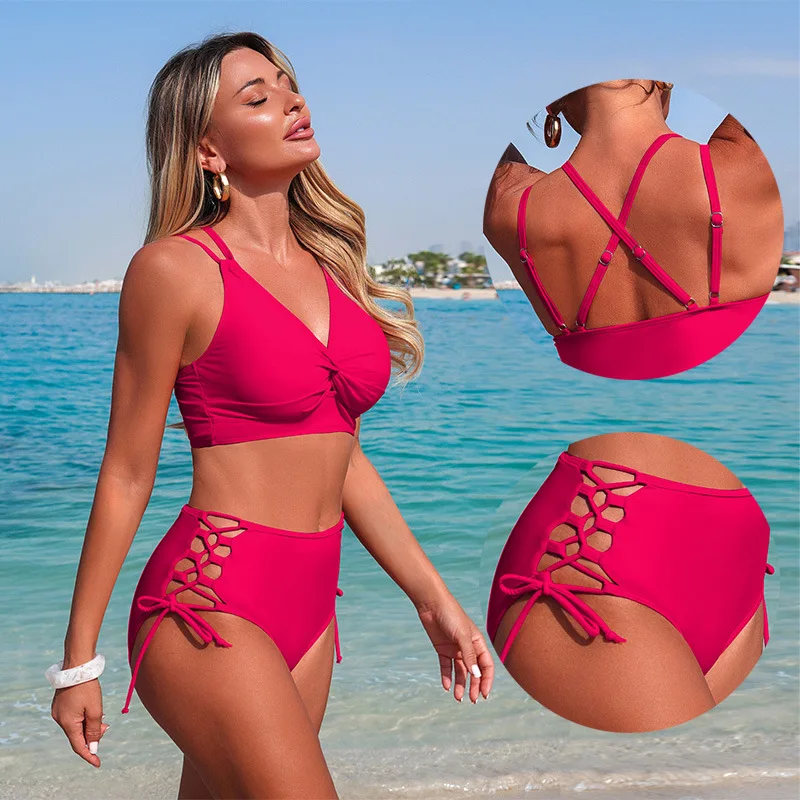 

Сексуальный раздельный купальник для женщин: комплект из двух предметов с глубоким вырезом, завязками на шее, раздельным дизайном, высокой талией, шнуровкой и стрингами, шикарный черный пляжный наряд