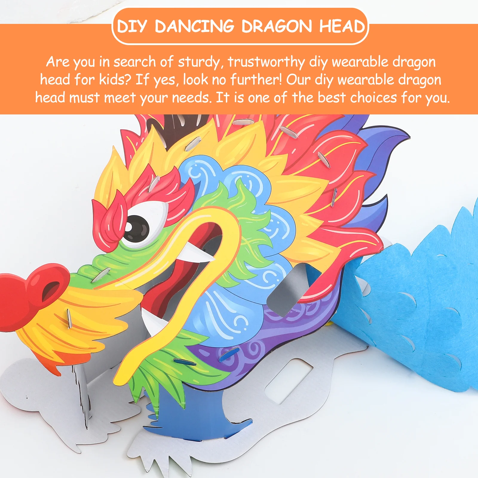 어린이용 착용 가능한 중국풍 공예 키트, 밝은 색상의 용머리 장식, DIY 종이 용머리 1세트