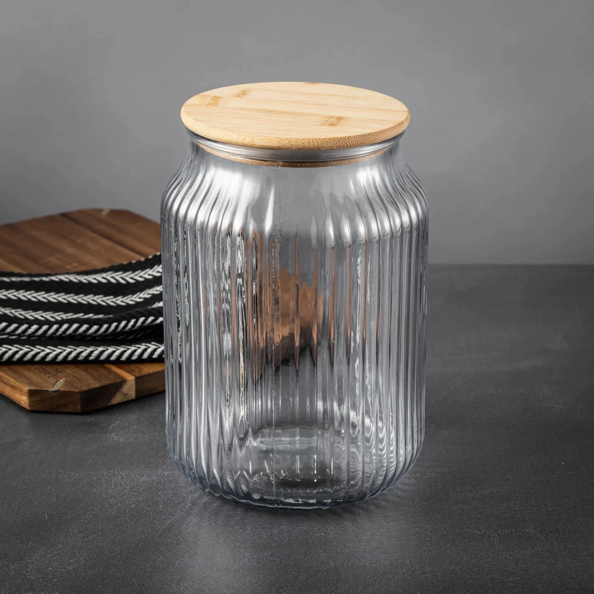 Thyme & Table Large (3 L) Ribbed Glass Kitchen Organization Jar with Bamboo Lid, Clear