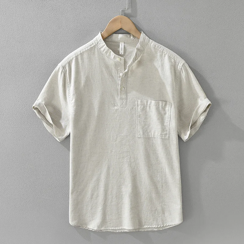 Summer Japanese style fresh pullover short sleeved shirt for men, versatile and artistic casual loose stand up collar top
