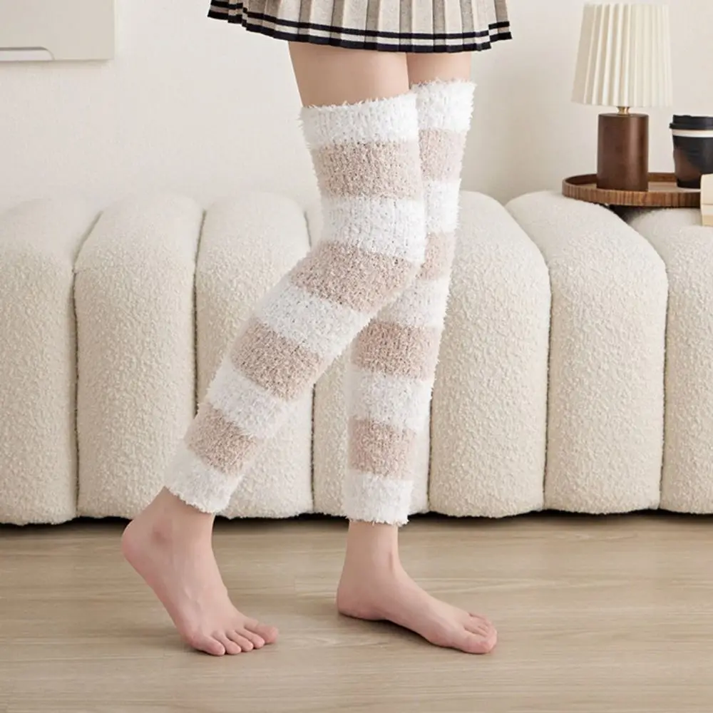 

Kawaii Thicken Warm Long Tube Sock Cover Stripe Simple Coral Fleece Stockings Leg Warmer Hosiery Foot Warmer Autumn