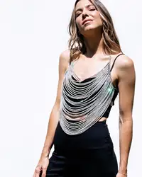 Glitter Rhinestone Tassel Tank Top Chest Chain For Women Sexy Backless Halter Neck V Neck Camisole Rave Festival Party Crop Top