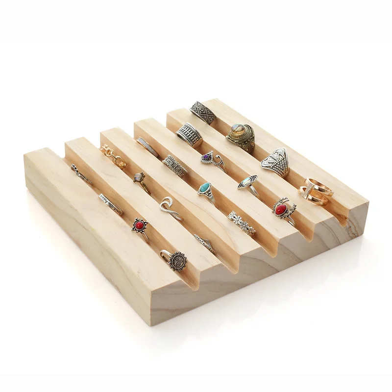 

Solid Wood Ring Display Holder Frame 5 Groove Jewelry Shelf Tray Counter Display Props Ring Storage Mat 17.5*17.5Cm