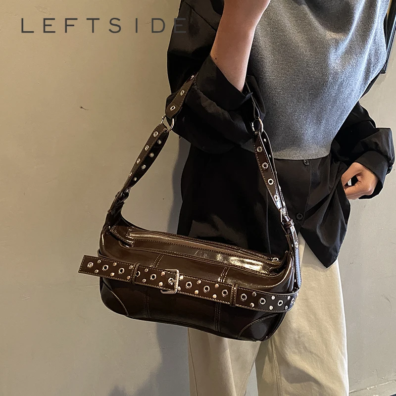 

LEFTSIDE 2025 New Women's Leather Handbag Studded Shoulder Bag Punk Style Crossbody Purse with Metal Rivets for Daily Use Gift