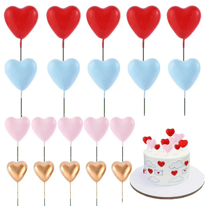 

20pcs 3D Heart Shape Cake Topper Mix Size Gold Silver Pink Love Cake Ball Valentine's Day Cupcake Flag Wedding Birthday Decor