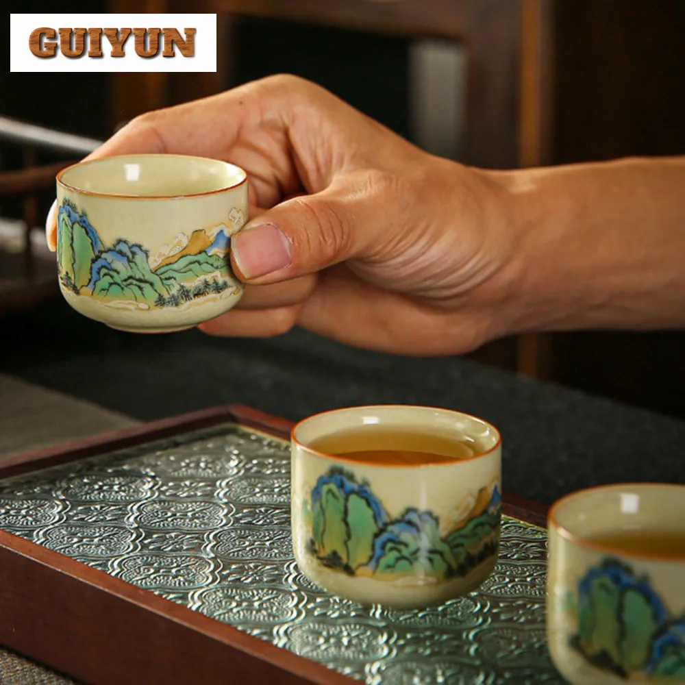 60ml Full Color Landscape Ceramic Teacup Ice Cracks Water Jug Yellow Ru Kiln Opening Master Cup Puer Chazhan Kung Fu Drinkware