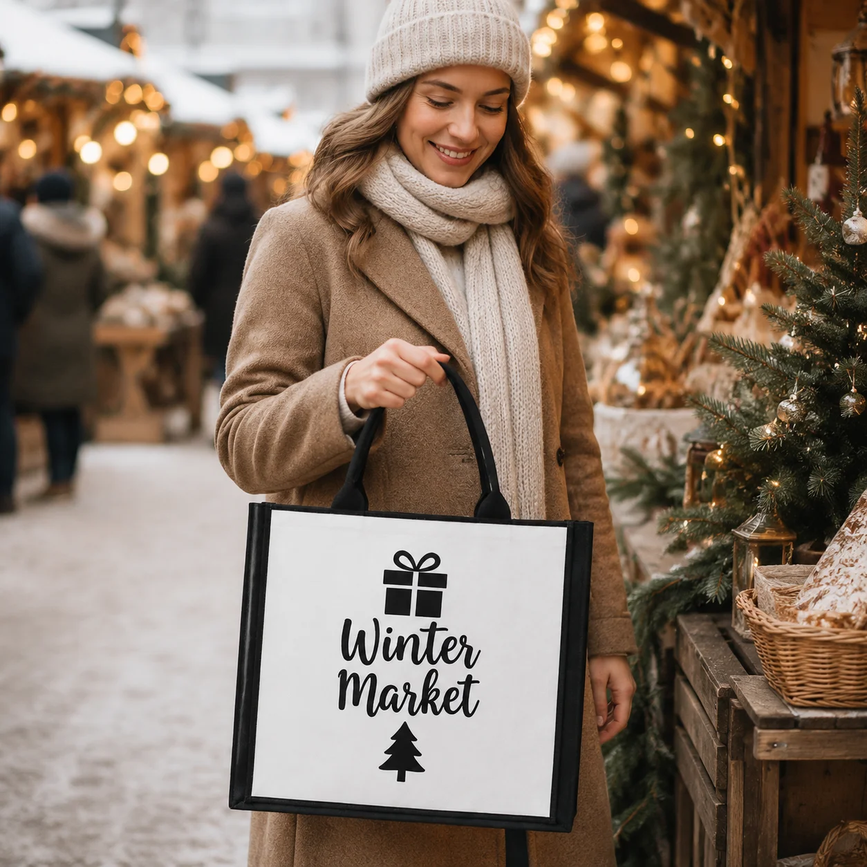 Custom Canvas Tote Bag Large Capacity Christmas Winter Holiday Shopping Gift Handbag Reusable Grocery Trip Travel Shoulder Bag