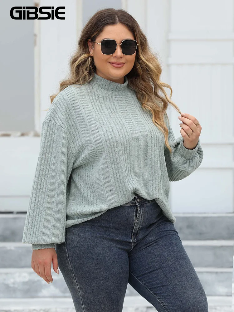 GIBSIE Plus Size Mock Neck Ribbed Knit T Shirt Women Fashion 2023 Spring Fall Casual Drop Long Sleeve Tee Tops Winter Clothes