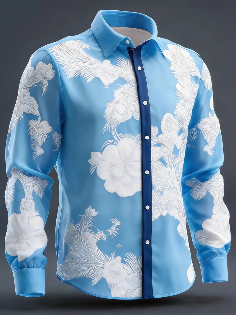 

New 10 color men's retro pattern long sleeved shirt with 3D flower print long sleeved casual daily top clothing